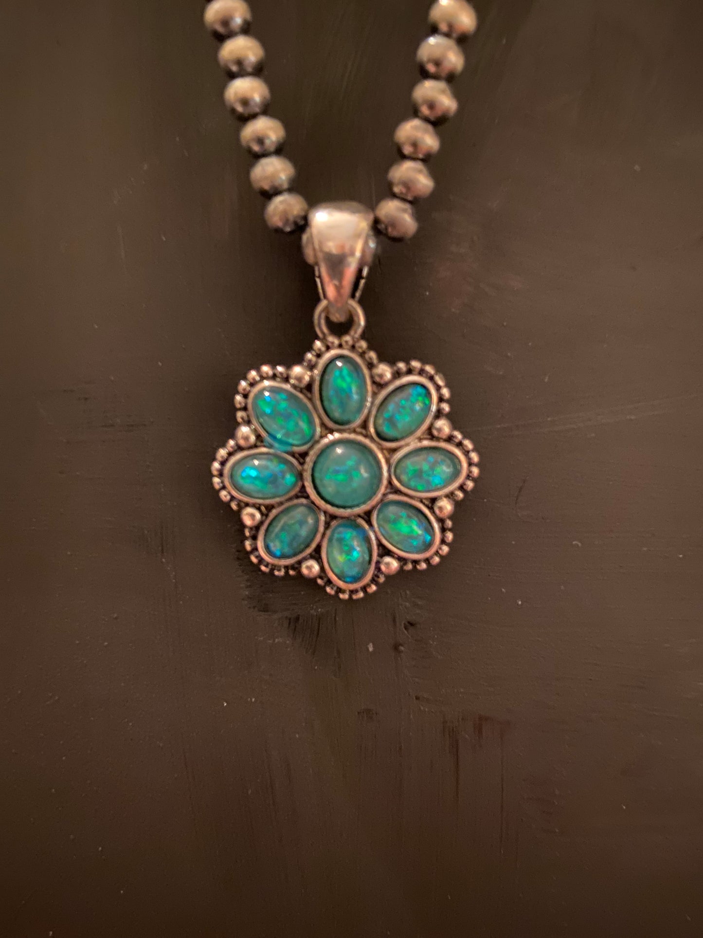 Charmaine Turquoise Opal Flower Silver Pearl Necklace